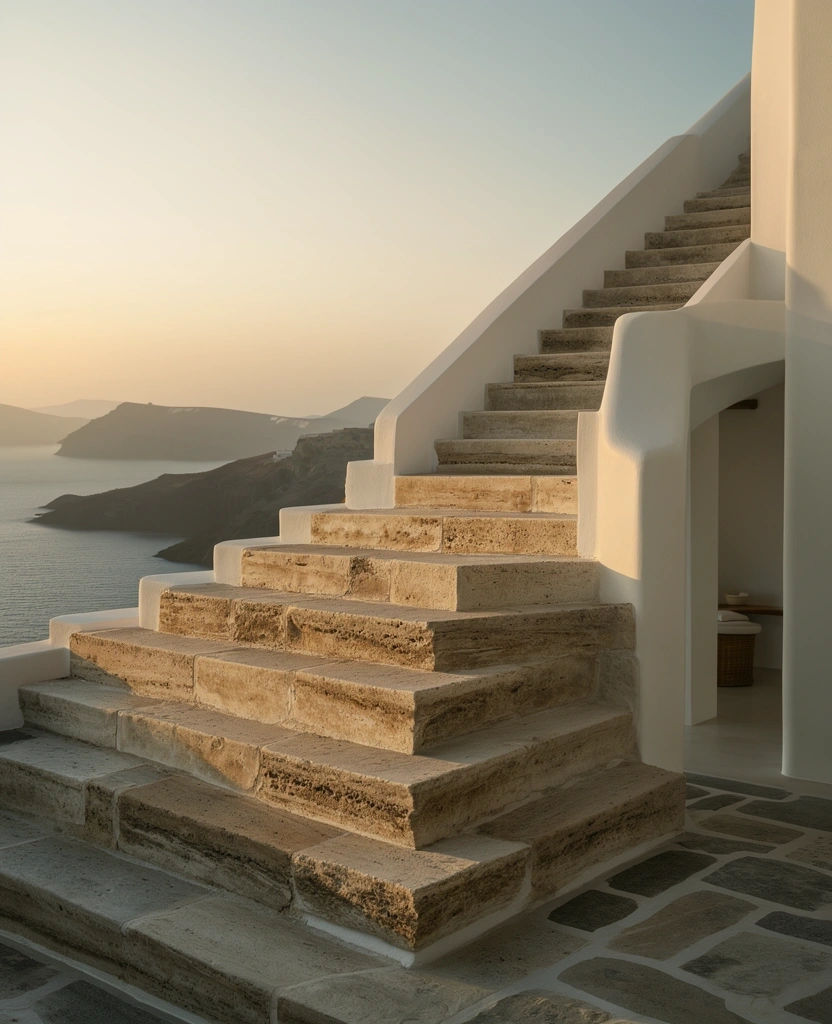Limestone stairs in sunrise light