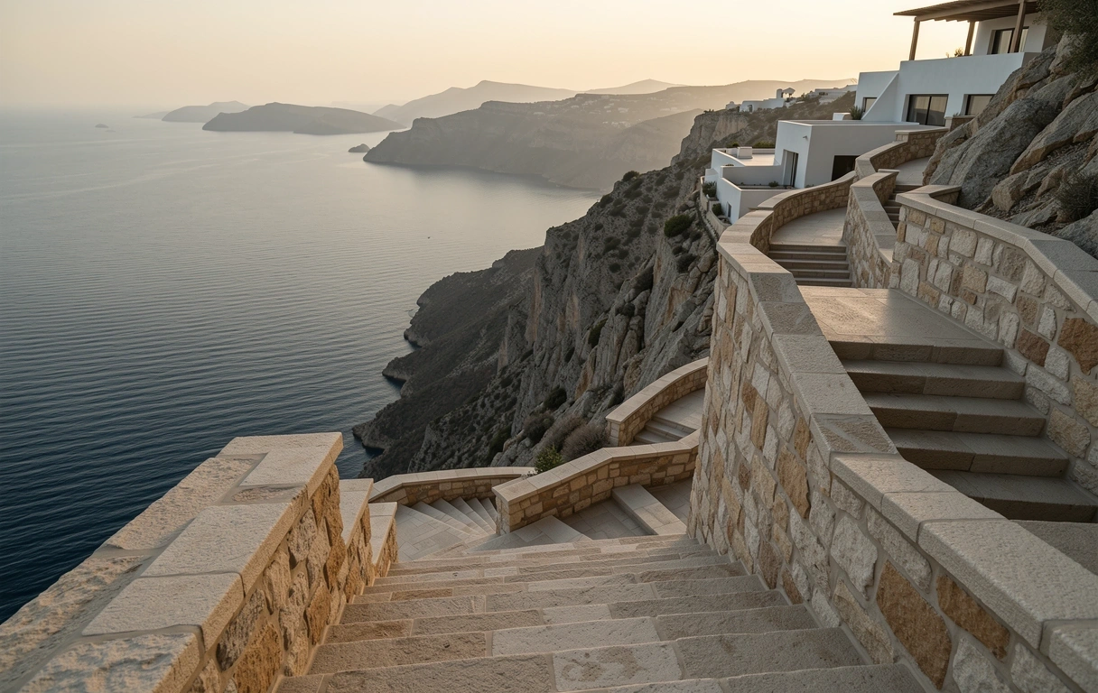 Stone stairs descending toward the coast in Greece